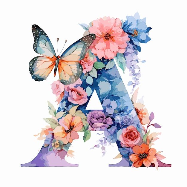 the letter a is decorated with flowers and butterflies