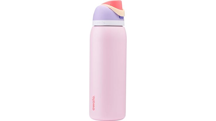 thermos bottle is pink and purple with a white lid, on a white background