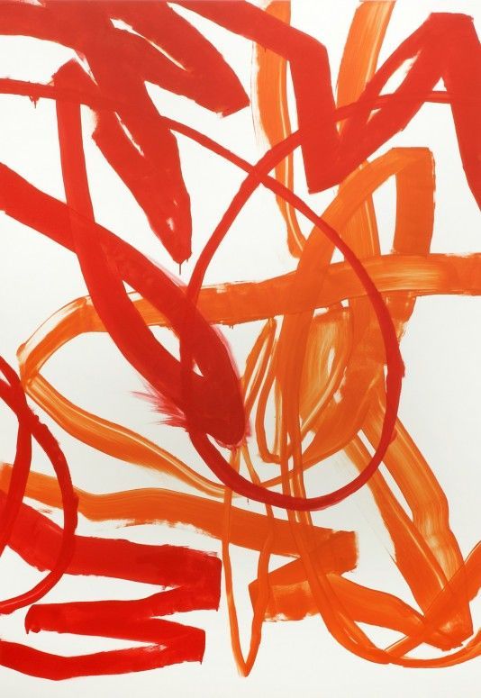 an abstract painting with red and orange lines on white paper in the middle of it