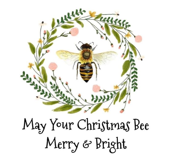 a christmas card with a bee surrounded by greenery