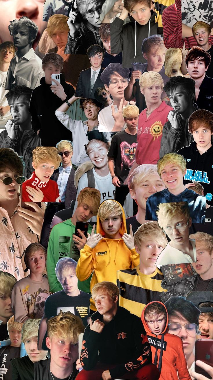 a collage of many different people with one person holding his head in the air