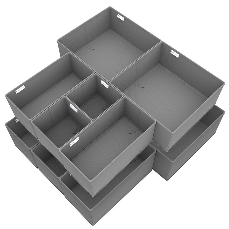 four gray drawers stacked on top of each other