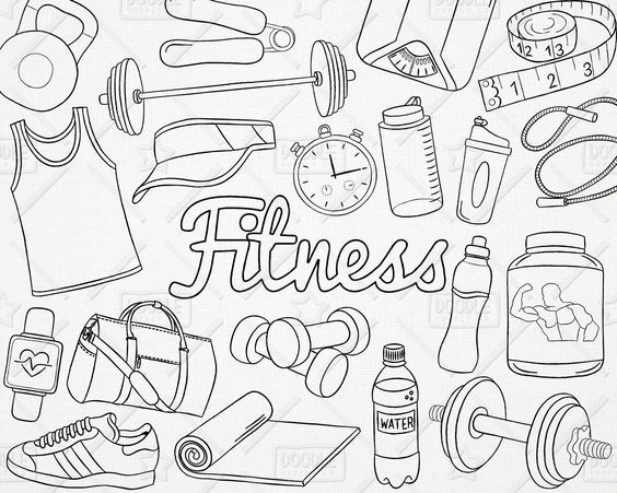 the word fitness surrounded by various sports related items such as dumbbells, kettles, and bottles