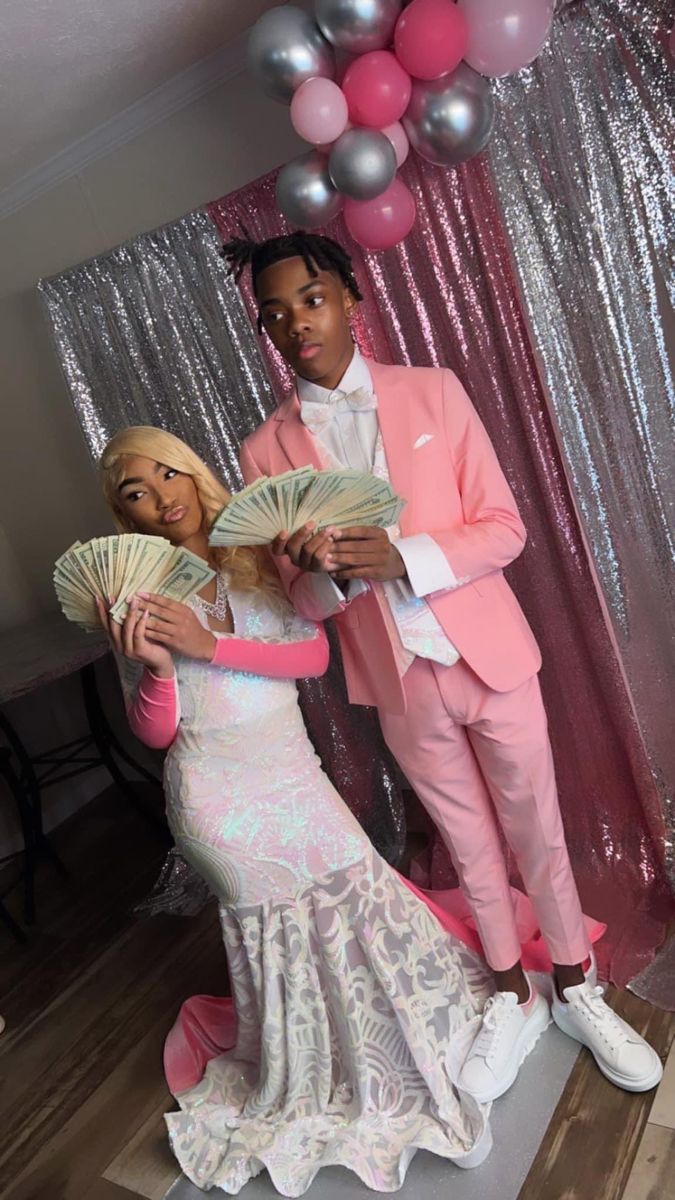 Gray And Pink Prom Couple, Pink And Silver Prom Couple, Black And Pink Prom Couple, Hot Pink Prom Couple, Purple Prom Black Couple, Pink Prom Couple, Light Pink Prom Couple Black, Gay Prom, Homecoming Couples