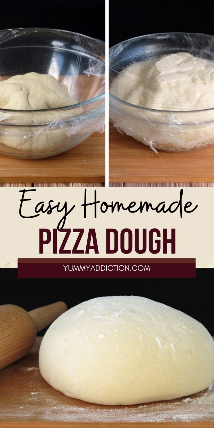 homemade pizza dough in a glass bowl on top of a wooden cutting board with the words easy homemade pizza dough