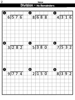 division worksheet with two numbers and no remainders