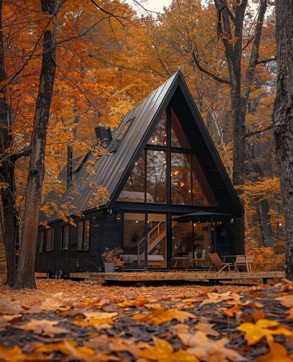 a - frame cabin in the woods surrounded by autumn leaves