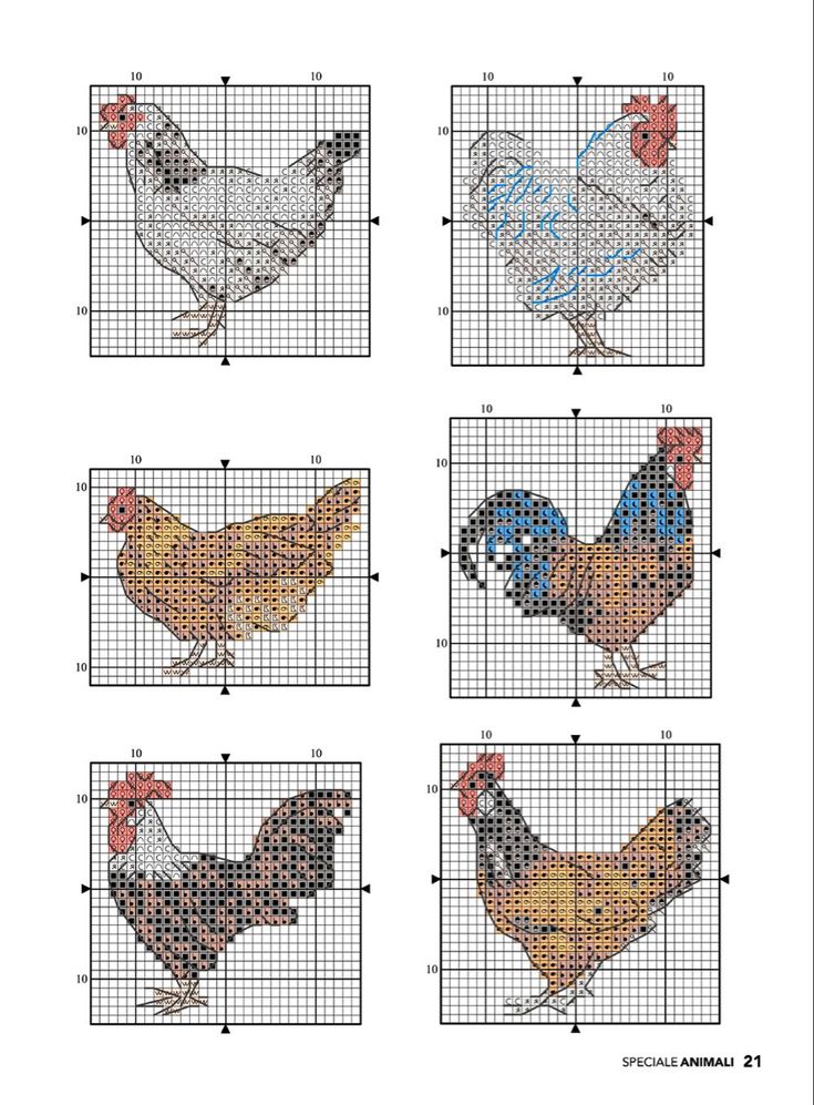 four cross stitch chickens are shown in the same pattern as they appear on different squares