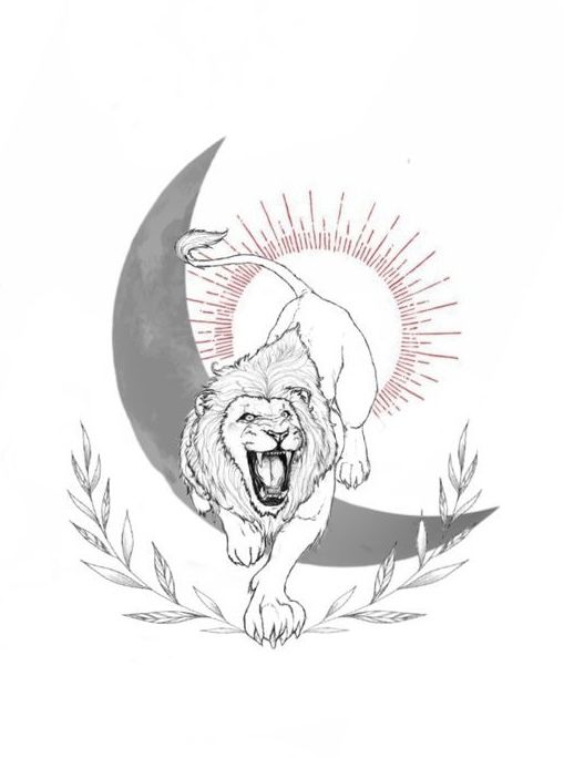 a black and white drawing of a lion with the moon in the back ground behind it