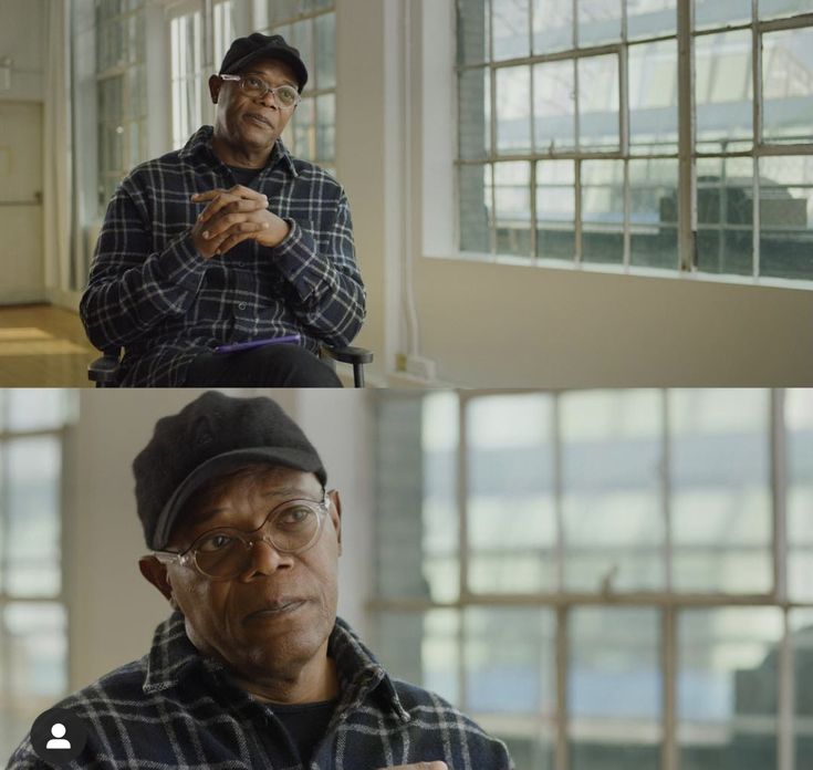 two pictures of an older man with glasses and a hat, one is looking at the camera