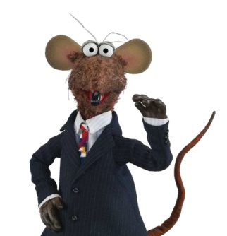 a rat dressed in a suit and tie with one hand up to his ear while standing