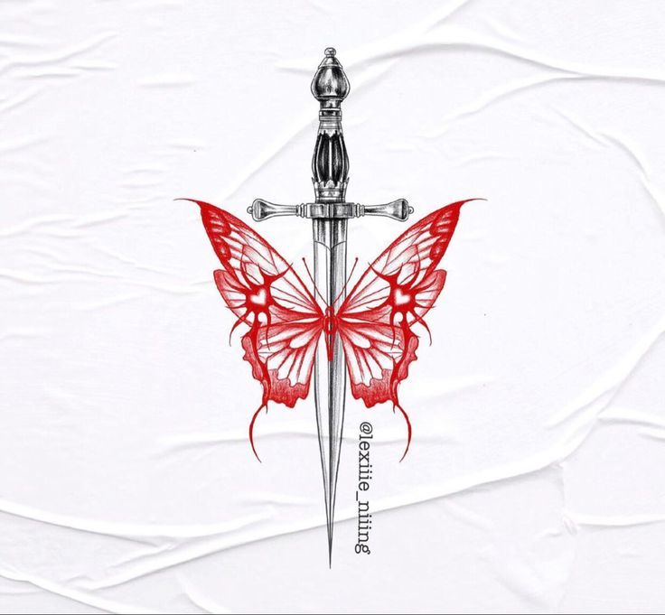 Butterfly And Swords Tattoo, Sternum Tattoo Dagger, Knife Spine Tattoo, Butterfly With Knife Tattoo, Butterfly Knife Tattoo, Butterfly Dagger Tattoo, Tattoo Papillon, Simple Tattoo With Meaning, Butterfly Wing Tattoo