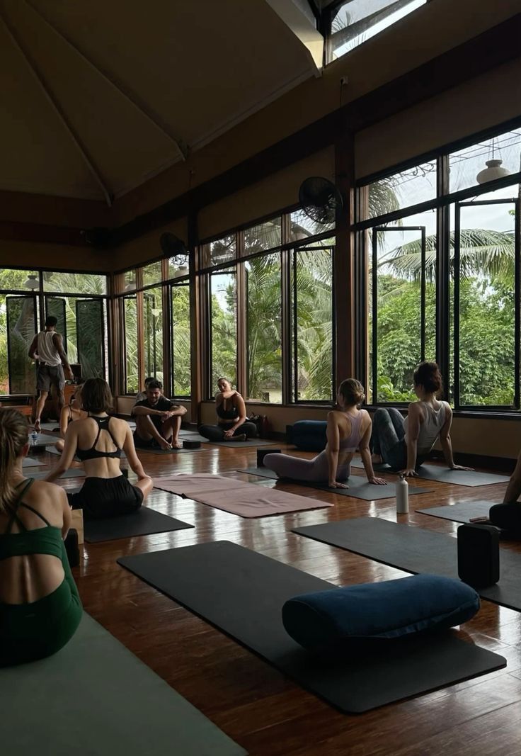 a group of people sitting on yoga mats in a room with large windows looking out onto the jungle