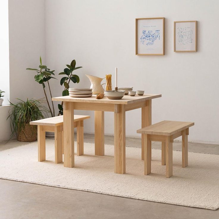 a wooden table with two benches in front of it and a potted plant next to it