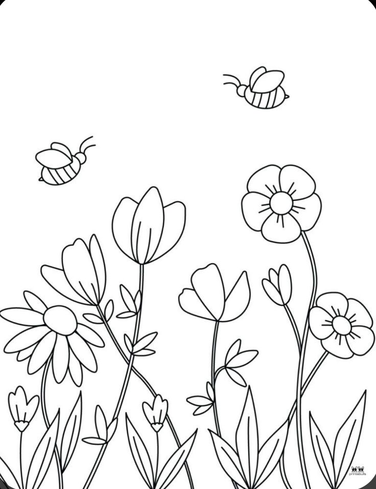 a black and white drawing of flowers with bees flying over them in the sky above