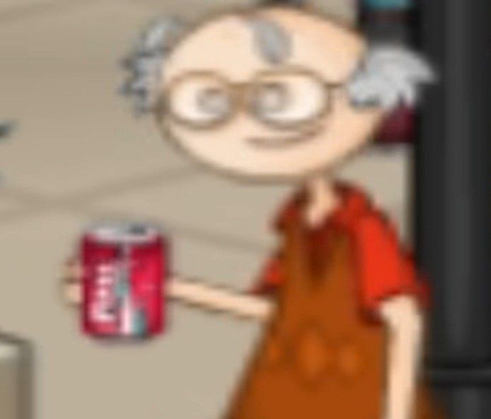 an old woman holding a can of soda