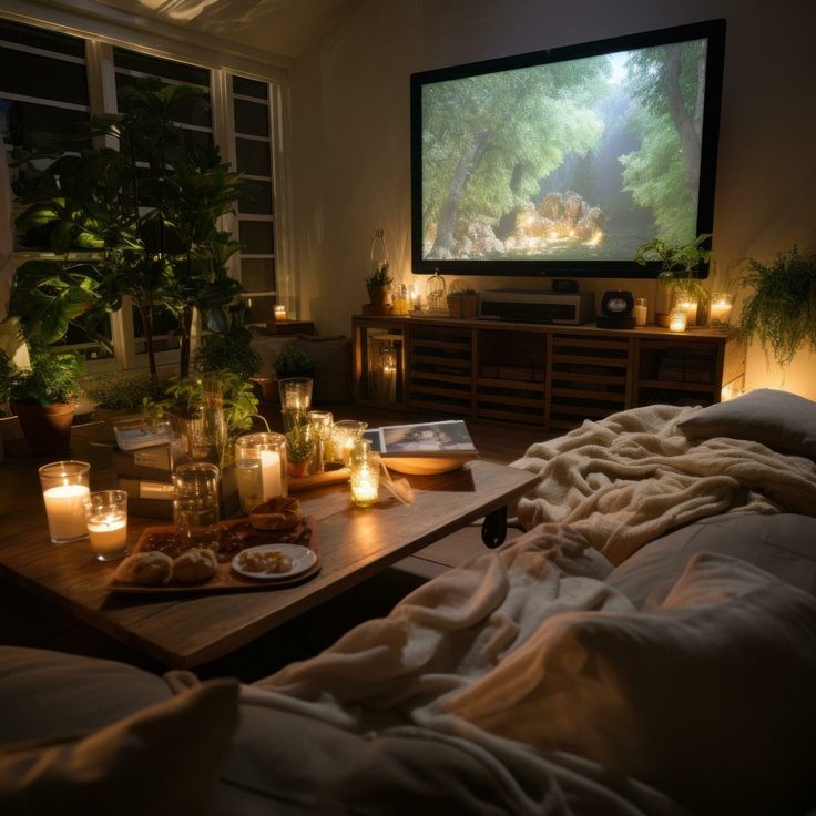 a living room with candles and food on the coffee table in front of the flat screen tv