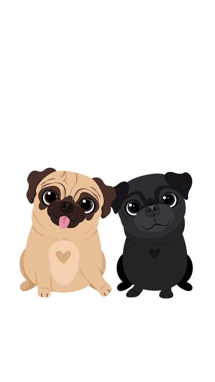 two pug dogs sitting next to each other on a white background with the words i love