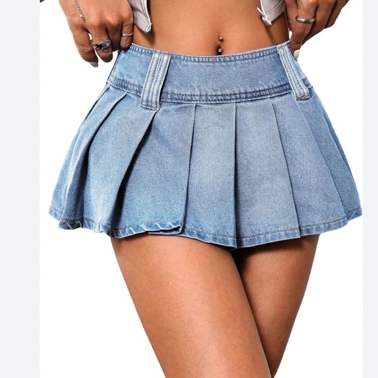 Denim Tennis Skirt High Waist Denim Skort, Non-stretch Blue Mini Skirt, Spring Stretch Denim Mini Skirt, Spring Stretch Denim Blue Skort, Non-stretch Mid-rise Mini Skirt For Spring, Non-stretch Denim Skort, High Waist Pleated Denim Blue Denim Skirt, Denim Pleated Short Bottoms, High Waist Pleated Denim Blue Skirt