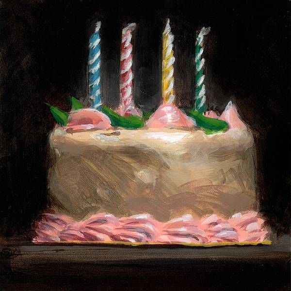 a pastel painting of a birthday cake with lit candles on it and pink frosting