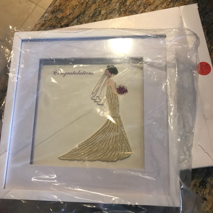 an image of a woman in a wedding dress with flowers on her head, framed in plastic