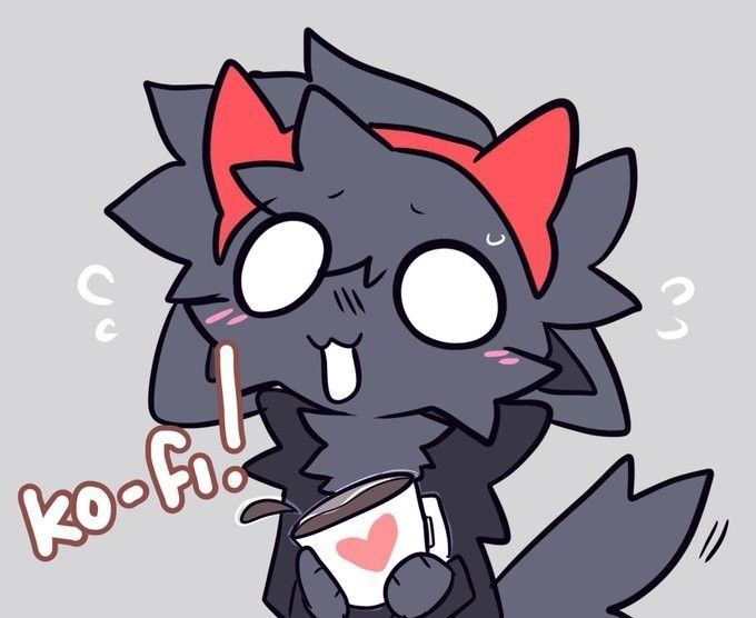 a black cat with red ears holding a coffee cup