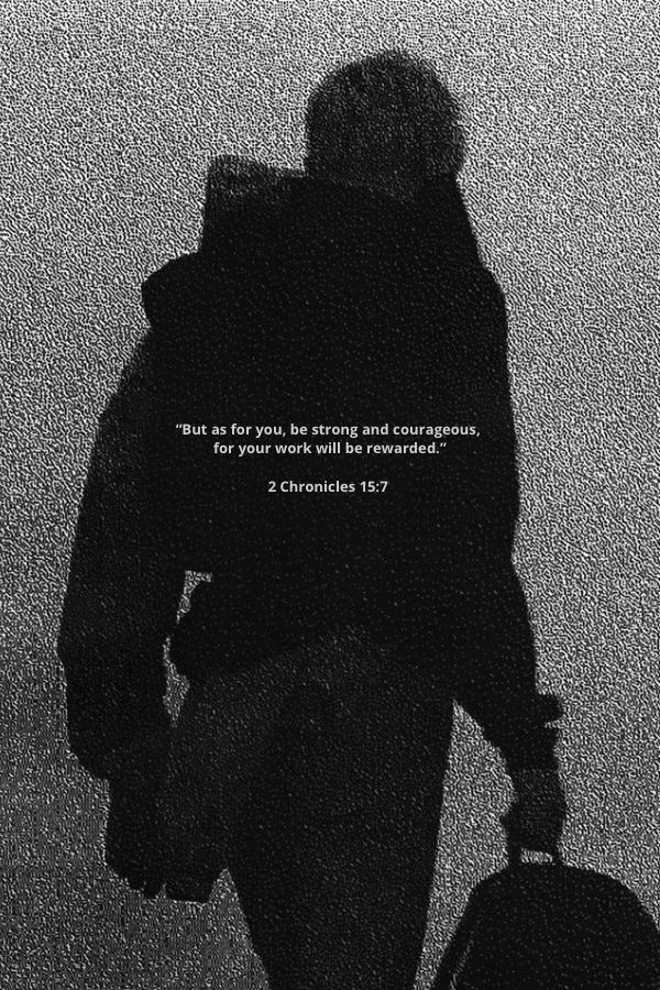 the silhouette of a person walking with a suitcase in his hand and a quote on it that says, what do you do, be strong and courageous