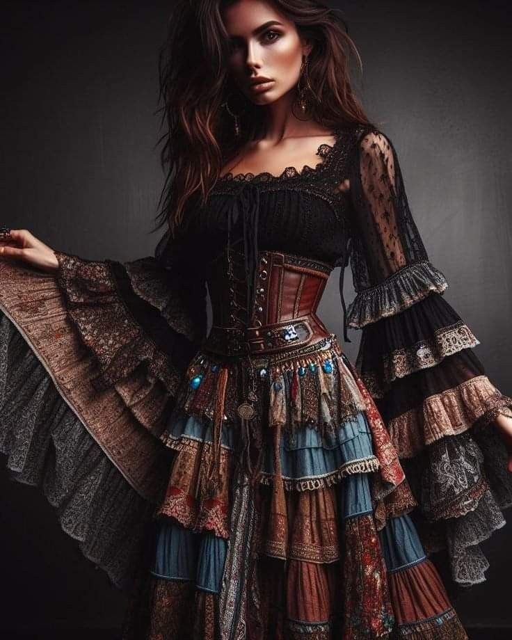 Romani Dresses, Gypsycore Fashion Aesthetic, Black Bohemian Outfits, Hippie Fashion Outfits, Romani Outfit, Gypsycore Outfits, Romani Clothing, Gold Golden Goose, Gypsycore Fashion