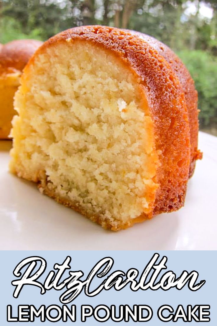 a close up of a cake on a plate with the words tea room lemon pound cake