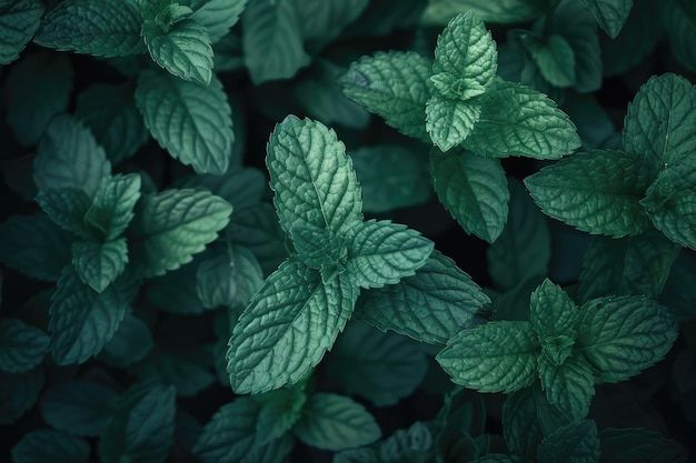 green leaves are shown in this close up photo, with dark background and soft lighting