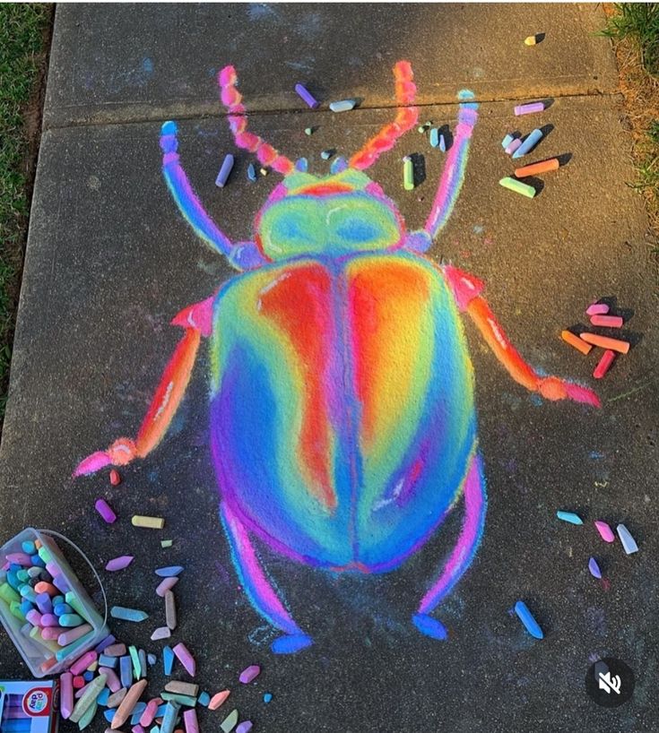 a colorful bug drawn on the sidewalk with crayons and chalks next to it