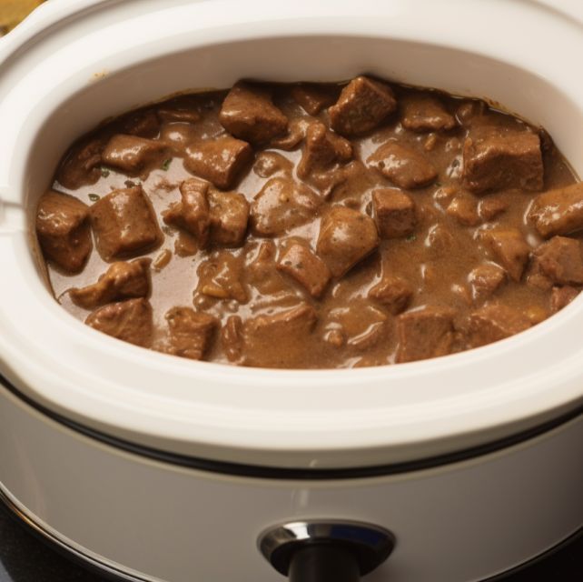 a slow cooker filled with beef and potatoes