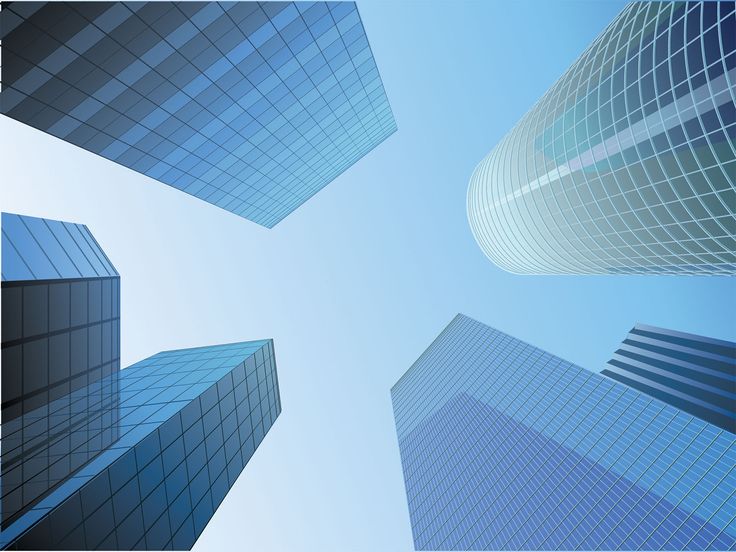 looking up at skyscrapers in the sky from ground level, with blue and white colors