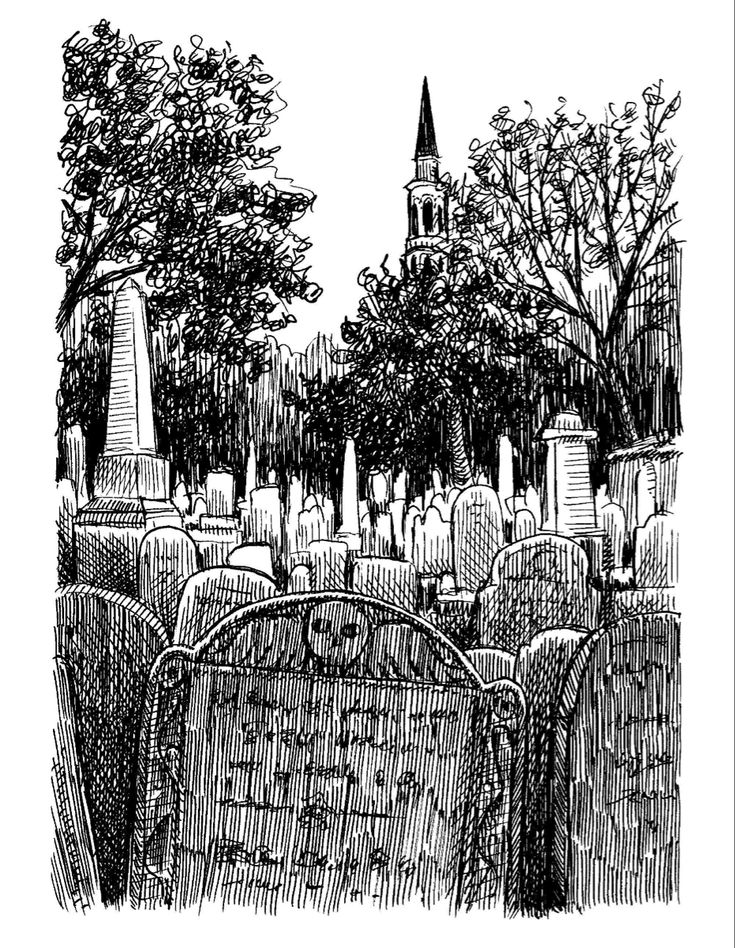 a black and white drawing of a cemetery