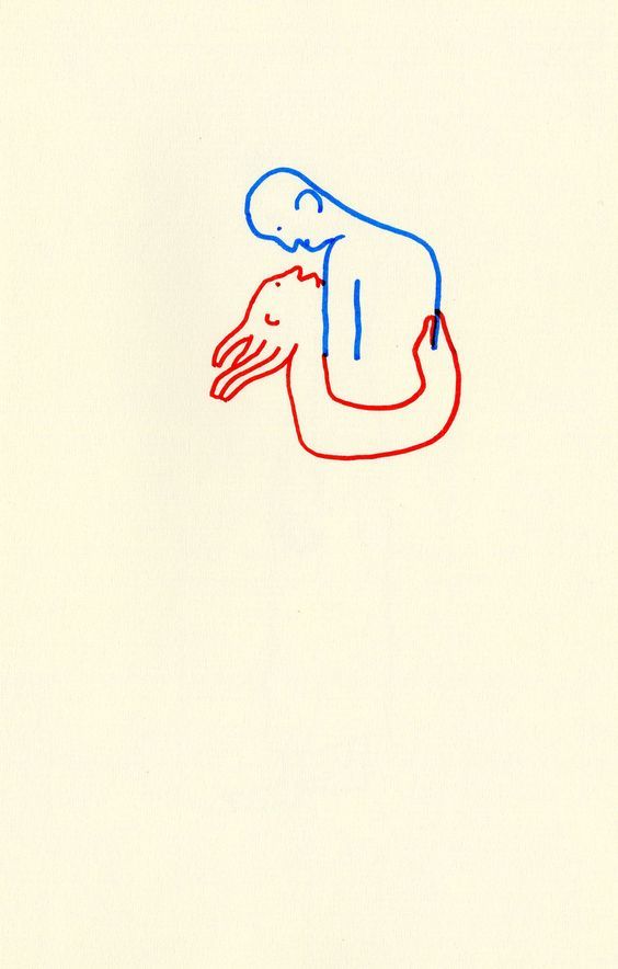 a red and blue drawing of a person hugging