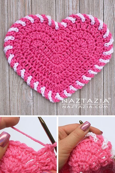 the crochet heart is being worked on