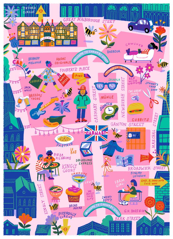 an illustrated map of the united states in pink, blue and green with people on it