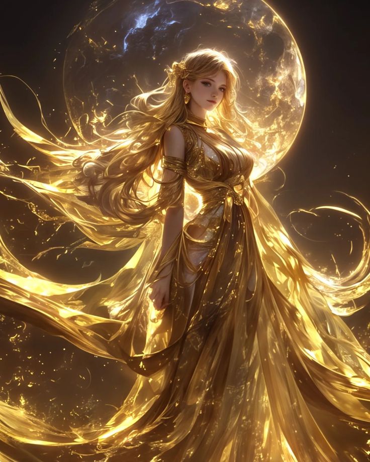 a woman with long blonde hair standing in front of a full moon and gold dress