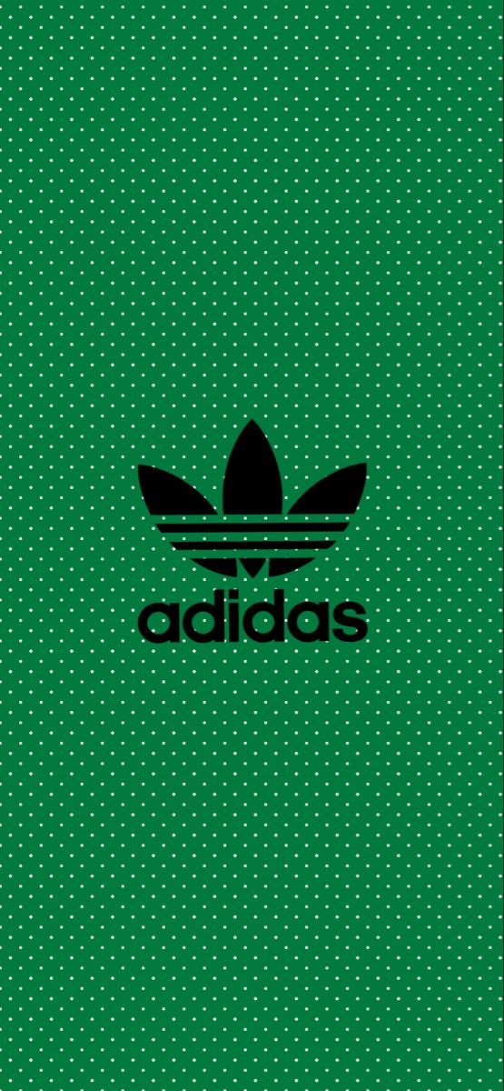 the adidas logo is shown in black on a green background with small white dots