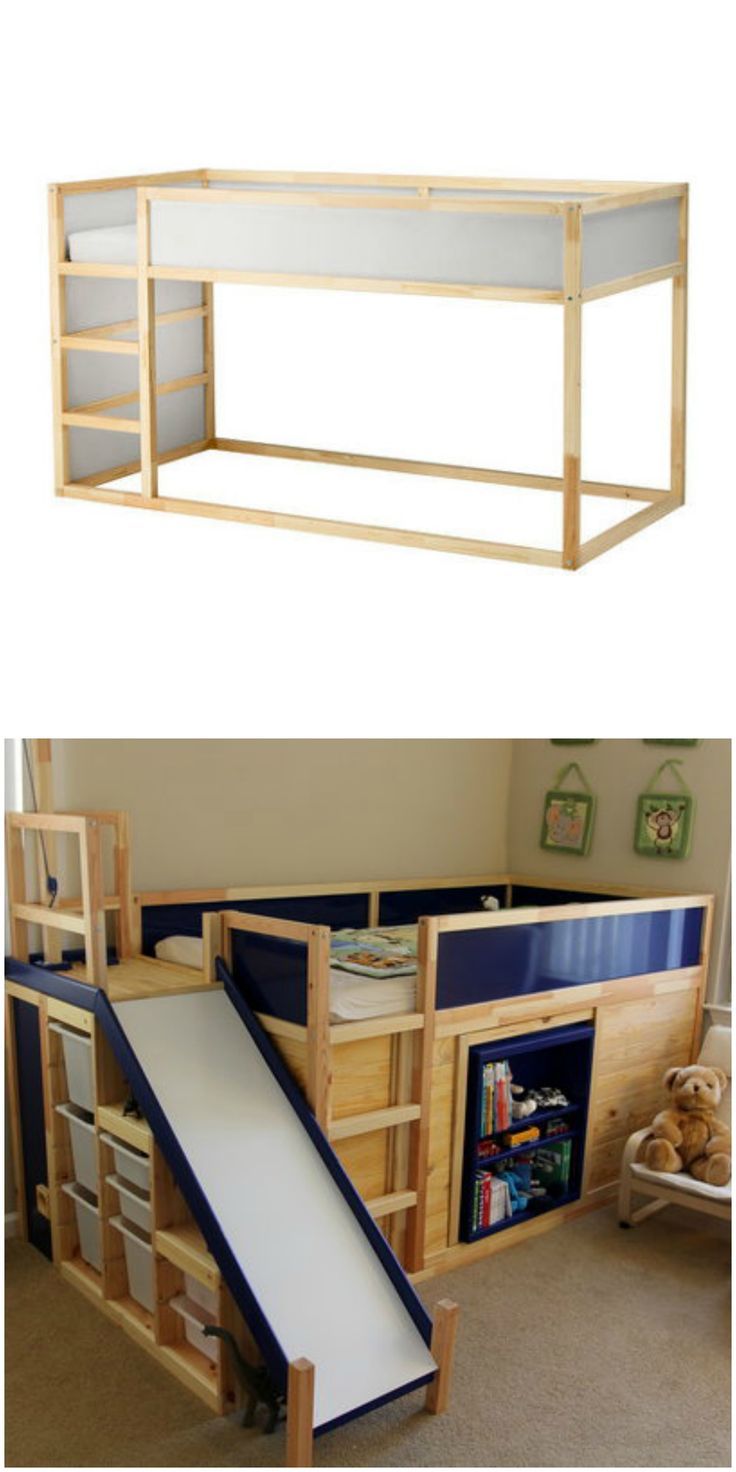 the bunk bed is made from wood and has a slide to slide down it's side