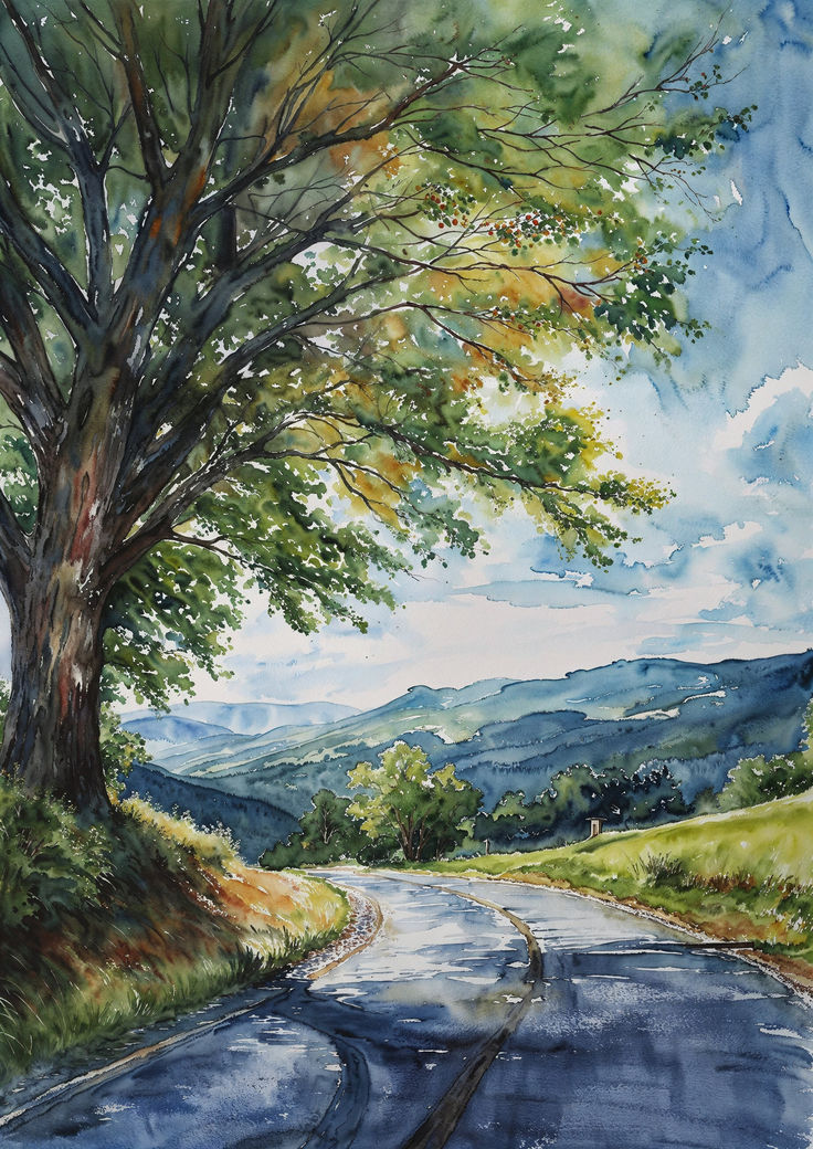 a painting of a tree on the side of a road