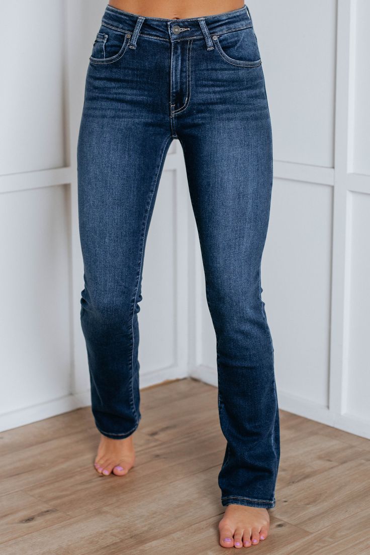 Details: Zaxton KanCan Slim Bootcut Jeans No Distressing Fading/Whiskering High Rise  Slim Bootcut Fit Good Stretch Zipper Fly with Button Closure Available in Dark Wash Rise: 10" Inseam: 32" Material: 92.7% Cotton, 5.7% Polyester, and 1.6% Spandex We are recommending true to size for most comfort! Slim Bootcut Jeans, Dream Outfits, Comfy Sandals, Best Stretches, Closet Goals, Stylish Sandals, Stylish Boots, Comfortable Flats, Stay Motivated