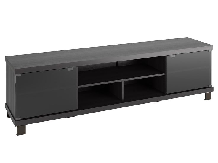 Extra long black wood TV stand with sleek design, fits TVs up to 85 inches, featuring open shelving and two spacious cabinets for storage. Ideal for modern living rooms, sturdy and stylish. Long Tv Stand, Furniture Canada, Elevated Homes, Tv Bench, Wood Tv Stand, Interior Shelves, Tempered Glass Door, New Tv, Wood Tv