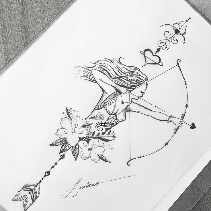 a drawing of a girl with an arrow and flowers on her arm, shooting the bow