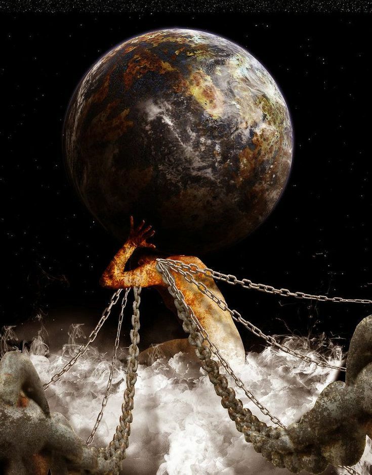 an octopus is chained to chains in front of the moon and earth, with clouds around it