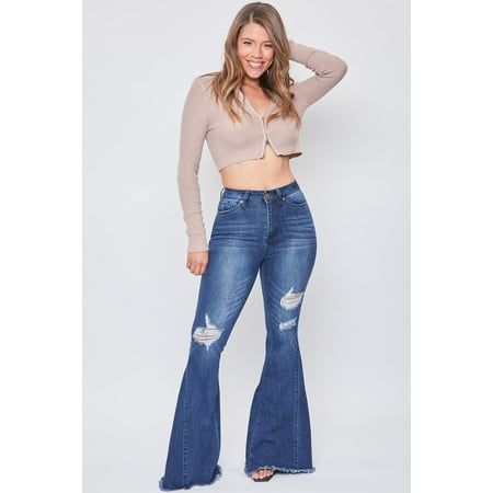 Add some flare to your fit! Our Gigi High-Rise Extreme Fit & Flare jean gives you the flirty vibe youve been looking for! Our Gigi fit is a high-rise silhouette that fits slim through the thighs and flares out past the knee to expose a trendy side panel stitching, giving you the most flattering 70s inspired look! Designed with super stretchy denim for ultimate comfort! Weve also added frayed hems for a trendy, lived-in appeal. Pair these with your favorite bodysuit and boots for an effortlessly Youve Been, Womens Flare Jeans, 70s Inspired, Fit & Flare, Colored Jeans, Online Clothing, Flare Jeans, The Knee, High Rise