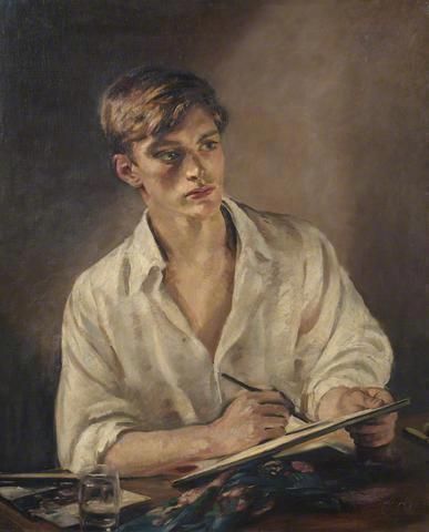 a painting of a man sitting at a desk with a pen and paper in his hand