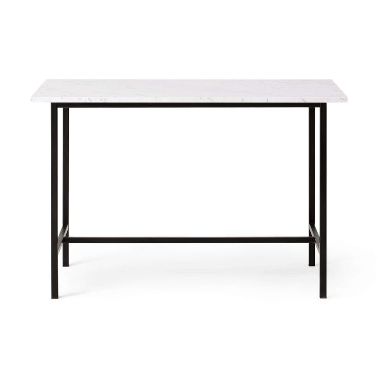 a white marble top table with black metal frame legs on an isolated white surface, viewed from the front