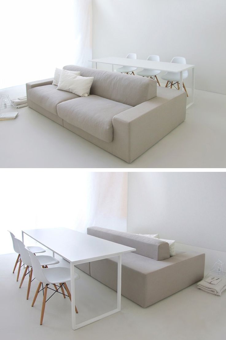 two pictures of a couch and table in the same room, one is white and the other is gray