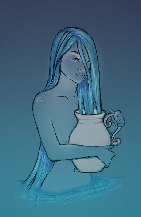 a drawing of a woman with long purple hair holding a vase in her hands and looking at the camera